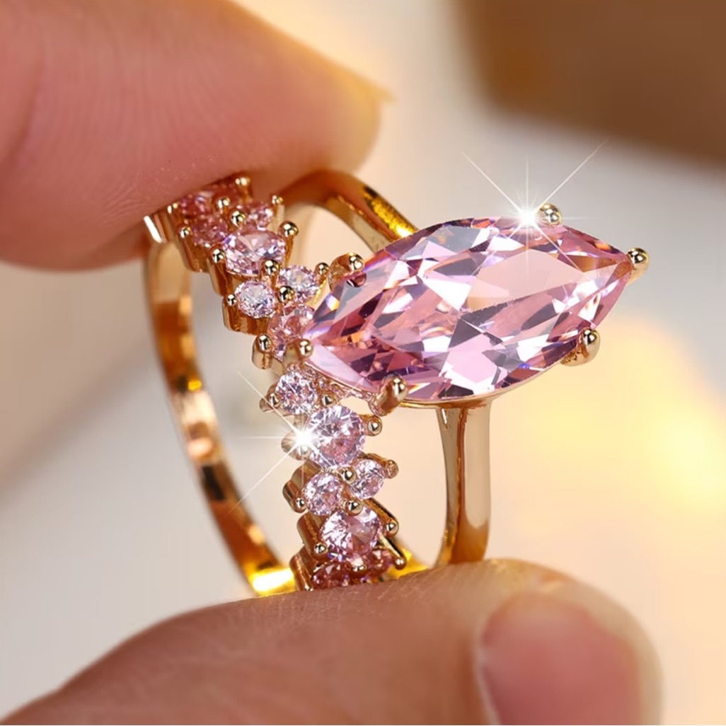 Beautiful Gold Crystal Pink Moissanite Gemstone Marquise Cut Ring - Size 8